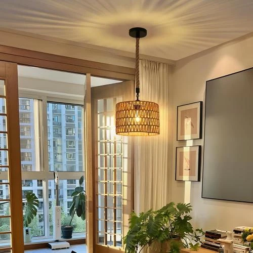 Détail de Lustre Suspension Vintage Boho, Luminaire Rotin E27