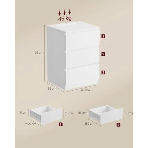 Zoom sur VASAGLE Table de Chevet Moderne Multiprise, 3 Tiroirs, Ports USB, Lot de 2