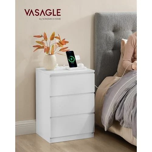 Détail de VASAGLE Table de Chevet Moderne Multiprise, 3 Tiroirs, Ports USB, Lot de 2