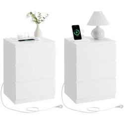 VASAGLE Table de Chevet Moderne Multiprise, 3 Tiroirs, Ports USB, Lot de 2