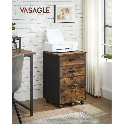 Détail de Caisson Bureau 3 Tiroirs, Tissu, Bois, Meuble Rangement, Marron Noir