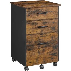 Caisson Bureau 3 Tiroirs, Tissu, Bois, Meuble Rangement, Marron Noir