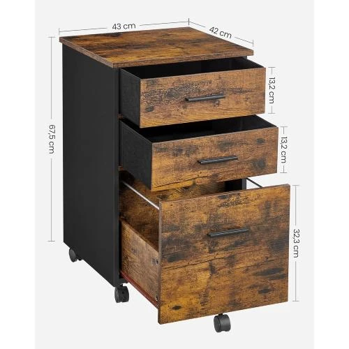Zoom sur Caisson Bureau 3 Tiroirs, Tissu, Bois, Meuble Rangement, Marron Noir