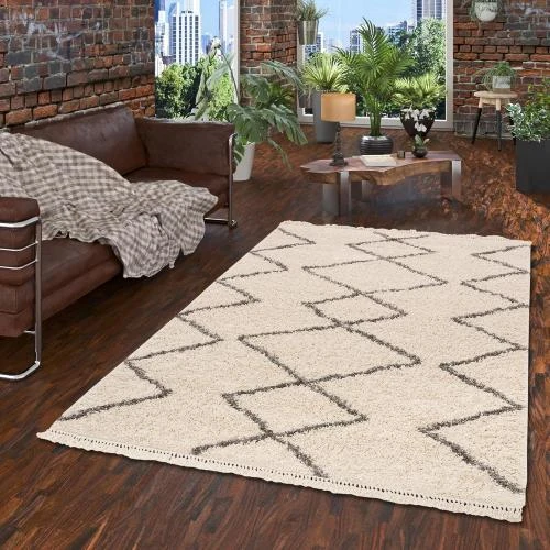 Tapis Shaggy Losange Blanc Casse, Pergamon - Vue principale