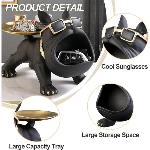 Zoom sur Statue Bouledogue Français Asslye, Bol à Clés Résine Noir