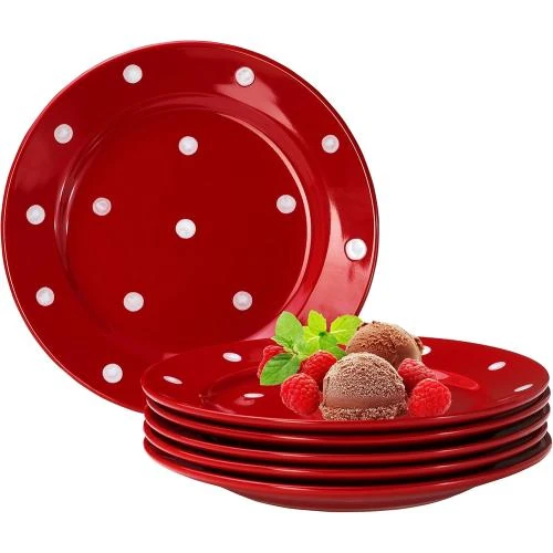 Assiettes dessert rondes faïence pois rouges blancs, lot 6 - Vue principale