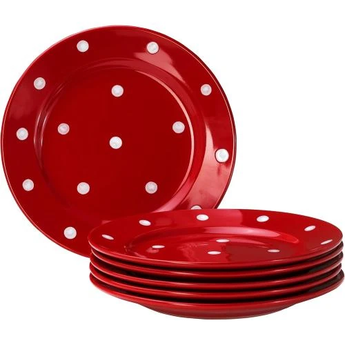Détail de Assiettes dessert rondes faïence pois rouges blancs, lot 6