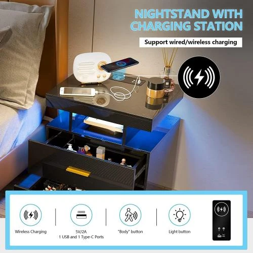 Zoom sur Table de Chevet LED, Station Charge Sans Fil, USB, Induction