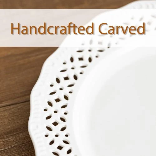 Zoom sur Assiettes plates rondes en céramique sculptée, blanc