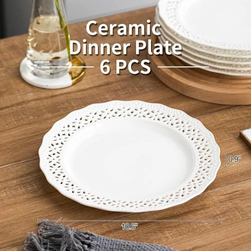 Détail de Assiettes plates rondes en céramique sculptée, blanc