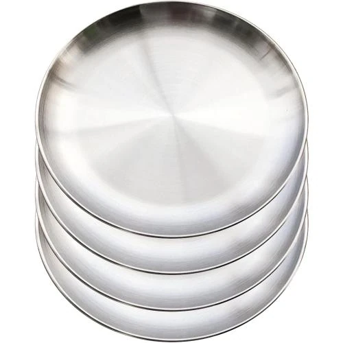Assiettes plates rondes acier inoxydable, camping, barbecue, non toxiques - Vue principale