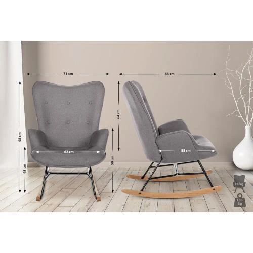 Détail de Chaise à Bascule Sanka CLP, Fauteuil Relaxation Tissu, Bois