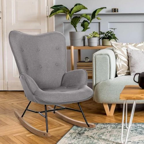 Zoom sur Chaise à Bascule Sanka CLP, Fauteuil Relaxation Tissu, Bois