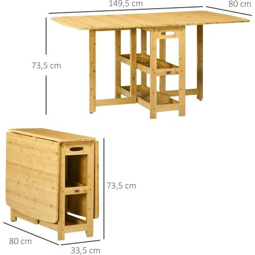 Zoom sur Table pliante salle à manger, compartiments, bambou, bois naturel