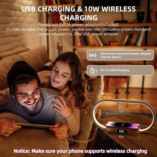 Zoom sur Lampe de Chevet Tactile avec Horloge et Chargeur Sans Fil