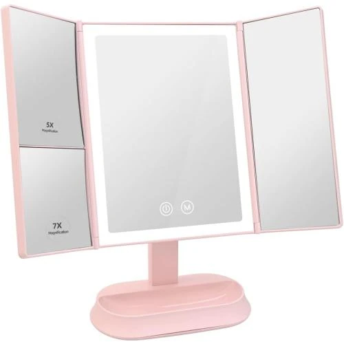 Miroir cosmétique 4 en 1 éclairage LED, pliable, rose - Vue principale