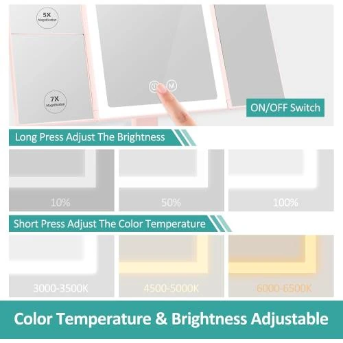 Détail de Miroir cosmétique 4 en 1 éclairage LED, pliable, rose