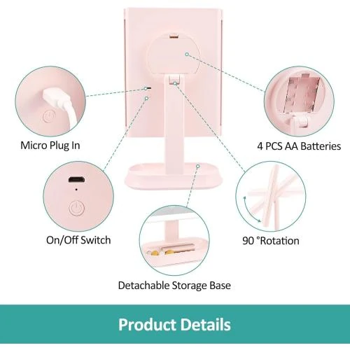 Zoom sur Miroir cosmétique 4 en 1 éclairage LED, pliable, rose