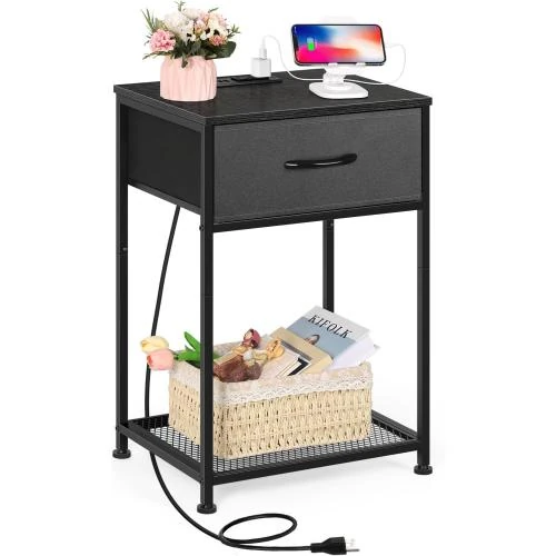 Table de nuit noire smusei, station de charge USB, tiroir - Vue principale