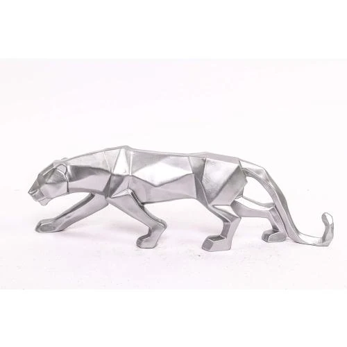 Statuette Léopard Argenté, Sculpture Panthère Résine Artisanale - Vue principale