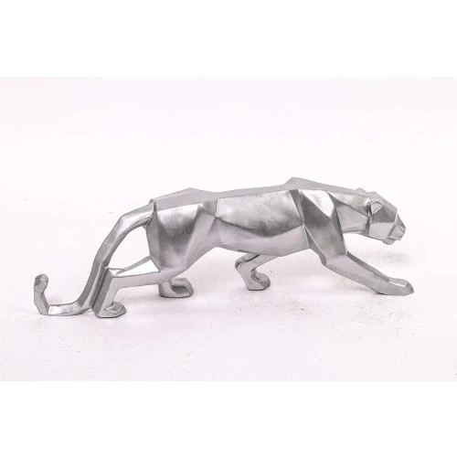 Zoom sur Statuette Léopard Argenté, Sculpture Panthère Résine Artisanale