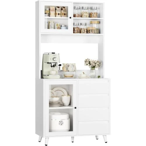 Buffet Cuisine FOREHILL, Armoire Rangement Vitres, 4 Tiroirs - Vue principale