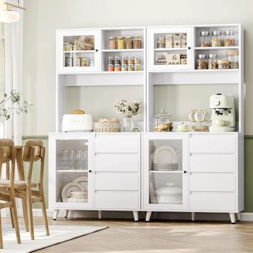 Détail de Buffet Cuisine FOREHILL, Armoire Rangement Vitres, 4 Tiroirs