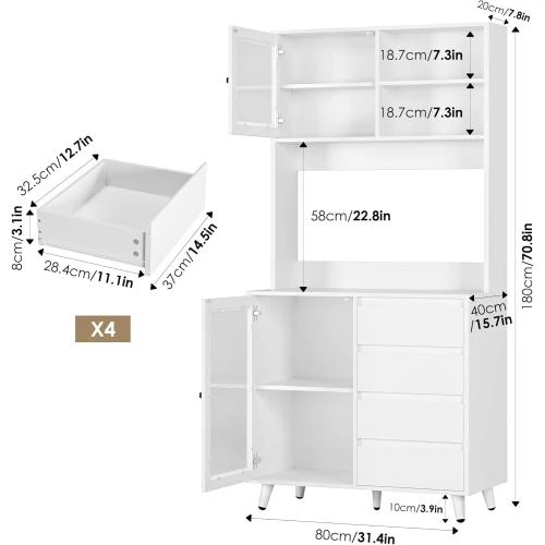 Zoom sur Buffet Cuisine FOREHILL, Armoire Rangement Vitres, 4 Tiroirs