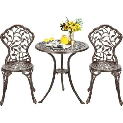 Ensemble Bistro Aluminium Vintage, Table Ronde, 2 Chaises Brun