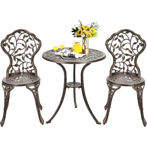 Ensemble Bistro Aluminium Vintage, Table Ronde, 2 Chaises Brun - Vue principale