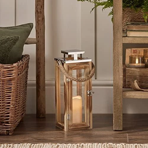 Zoom sur Lanterne Bois Vintage Bougie LED Minuterie Anse Corde Deco Interieur