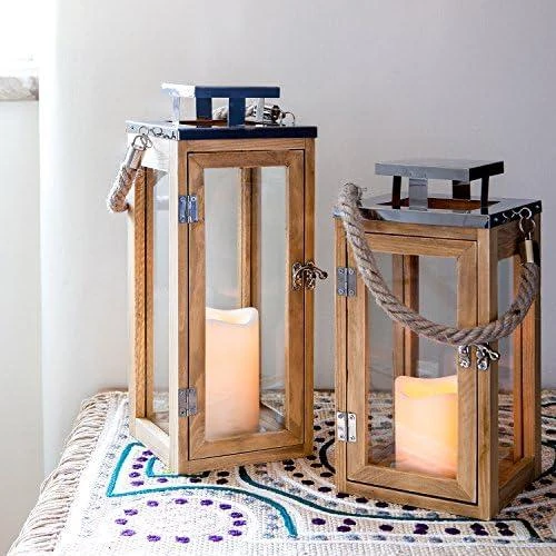 Détail de Lanterne Bois Vintage Bougie LED Minuterie Anse Corde Deco Interieur