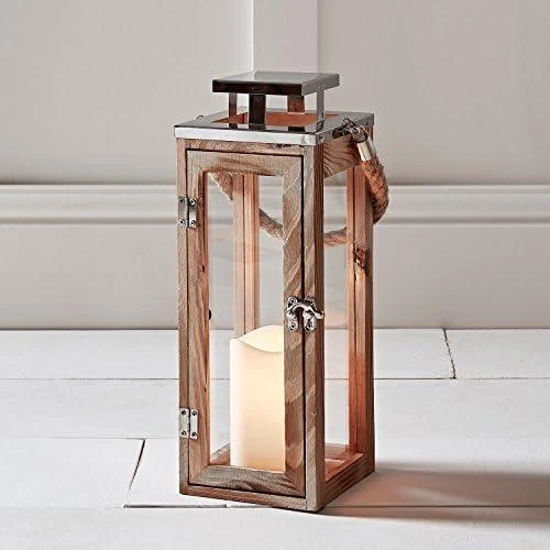 Lanterne Bois Vintage Bougie LED Minuterie Anse Corde Deco Interieur - Vue principale