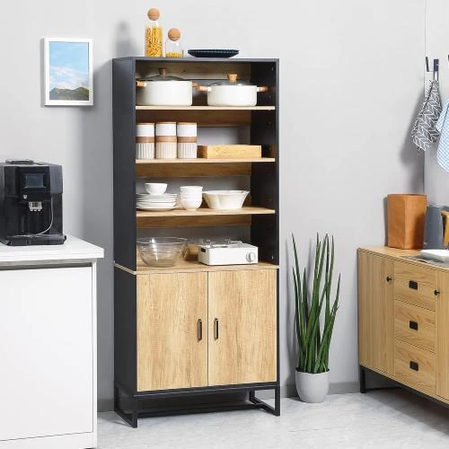 Détail de Buffet Armoire Cuisine Noir, Rangement Placard, 4 Étagères