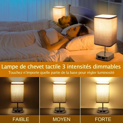 Détail de Lampe de Chevet Tactile Tellegante, Ports USB, Abat-jour Tissu