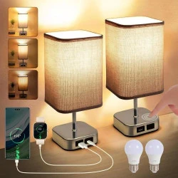 Lampe de Chevet Tactile Tellegante, Ports USB, Abat-jour Tissu