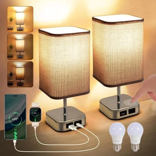 Lampe de Chevet Tactile Tellegante, Ports USB, Abat-jour Tissu - Vue principale