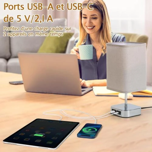 Zoom sur Lampe de Chevet Tactile Tellegante, Ports USB, Abat-jour Tissu