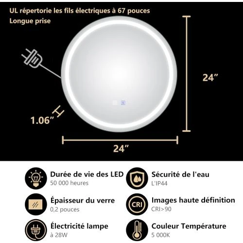 Zoom sur ExBrite Miroir Salle de Bain LED, Antibuée, Éclairé