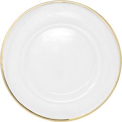 Assiettes en verre transparent, bord métallique doré, lot 4 en situation