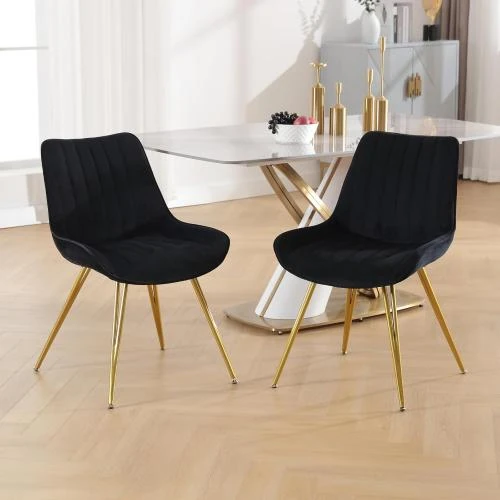 Chaises Salle à Manger Velours Noir, Pieds Dorés, Lot 2 - Vue principale