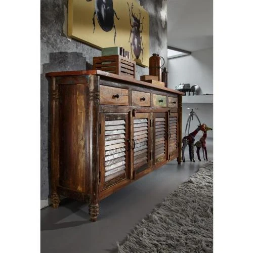 Détail de Buffet Bois Massif Recyclé Laqué Multicolore Ethnique