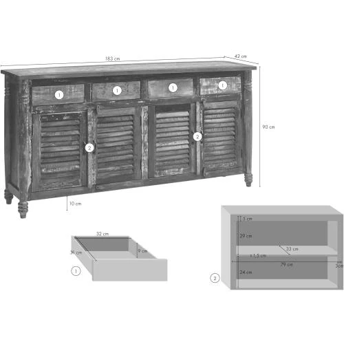 Zoom sur Buffet Bois Massif Recyclé Laqué Multicolore Ethnique