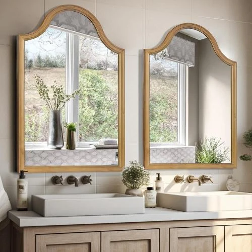 Détail de Miroir mural incurvé bois marron rustique, vintage décoratif