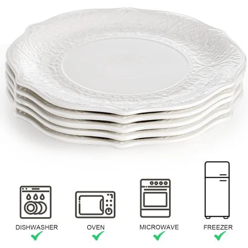 Zoom sur SOUJOY Assiettes plates porcelaine blanche, relief, 6 pièces