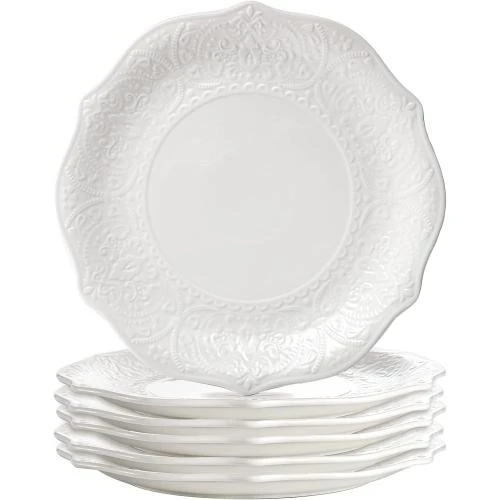 SOUJOY Assiettes plates porcelaine blanche, relief, 6 pièces - Vue principale