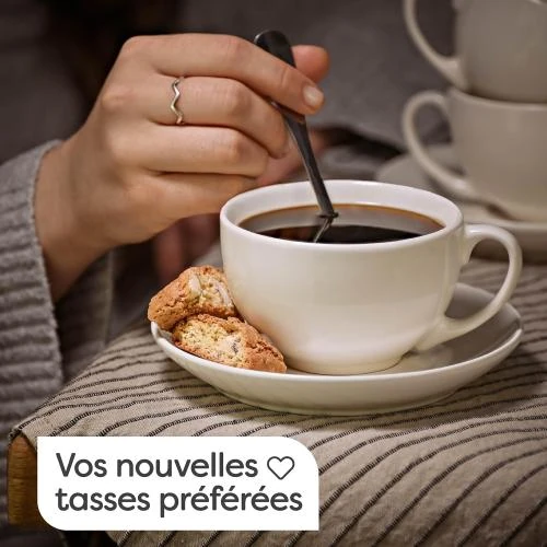 Zoom sur Tasses Cappuccino Ceramique Blanche Cosumy, Soucoupes Incluses