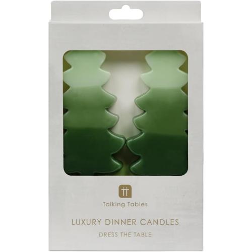 Présentation de Bougies sapin Noël Talking Tables, décorations blanches, vertes en situation