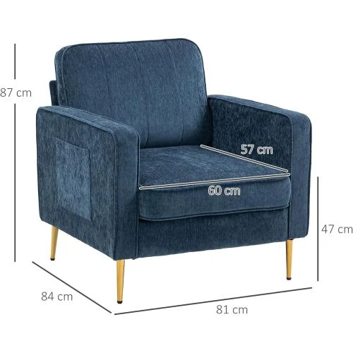Zoom sur Fauteuil Salon Acier Doré, Confort, Pochettes Latérales, Bleu