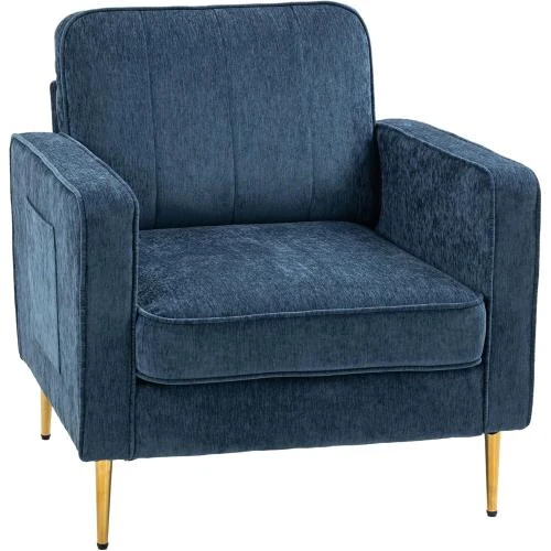 Fauteuil Salon Acier Doré, Confort, Pochettes Latérales, Bleu - Vue principale